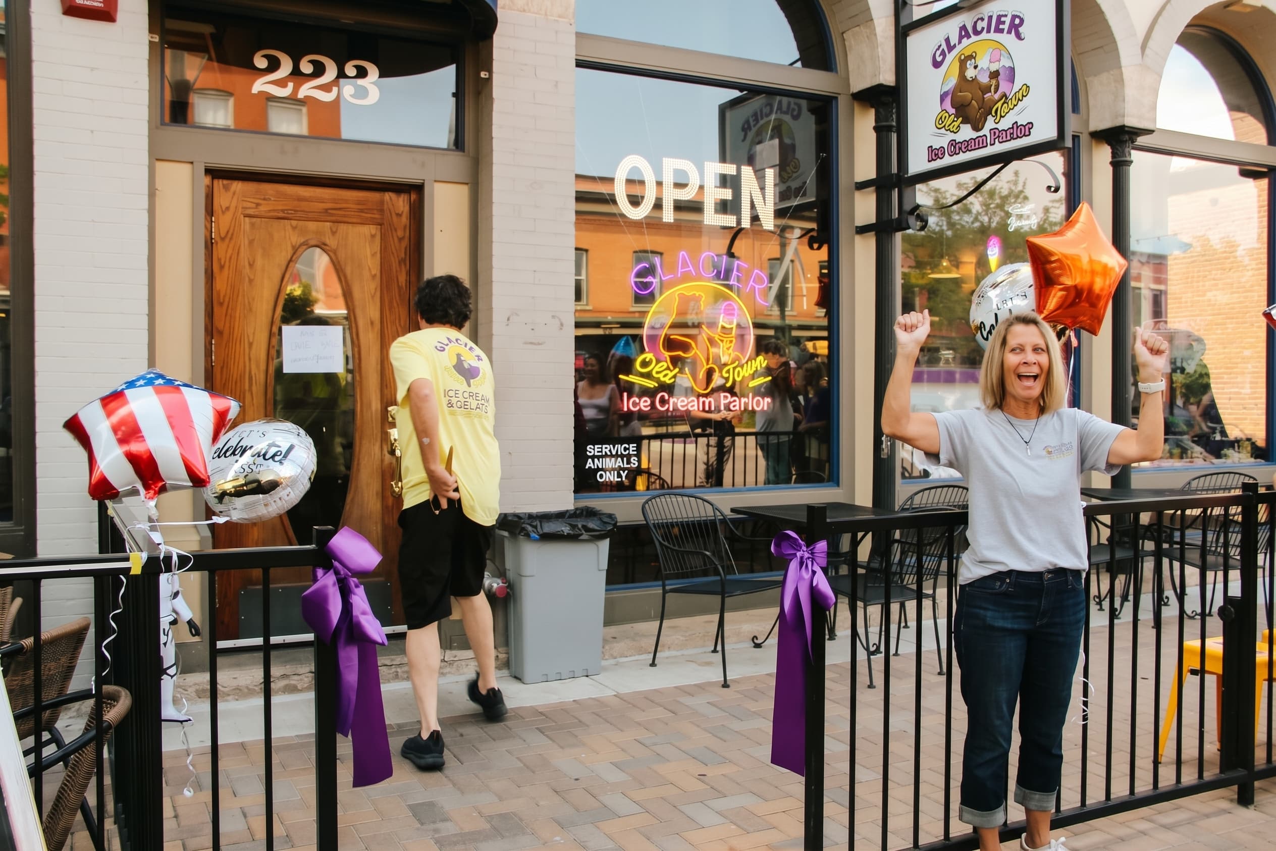 The Old Town storefront decked out with ribbons and balloons