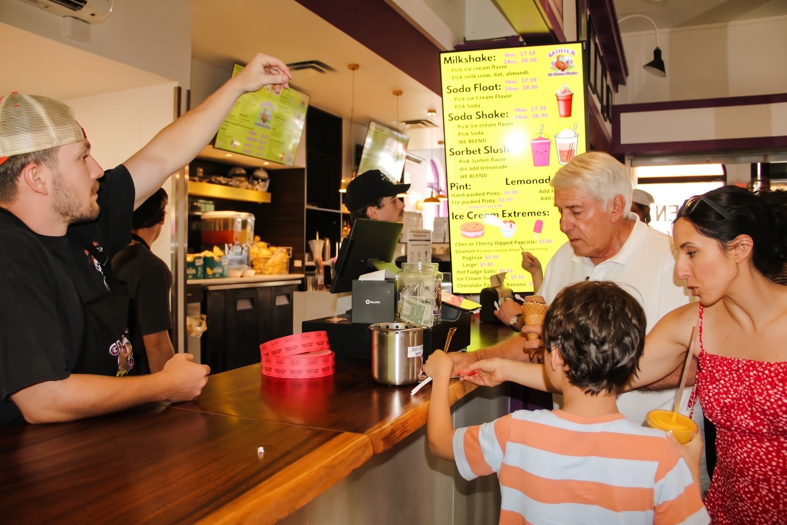 The crew serving a steady line at the counter