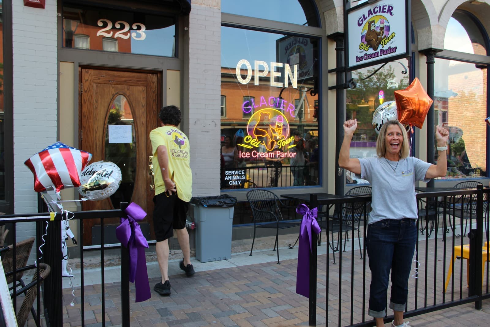 The Old Town storefront decked out with ribbons and balloons