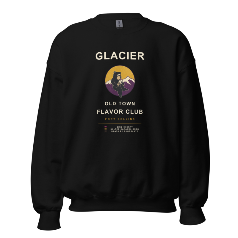 Black crewneck printed with the cream Old Town Flavor Club artwork