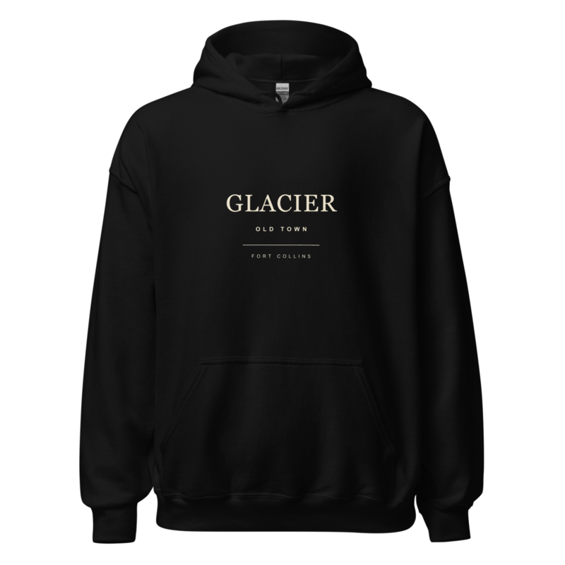 Black hoodie printed with Glacier's cream parlor serif wordmark
