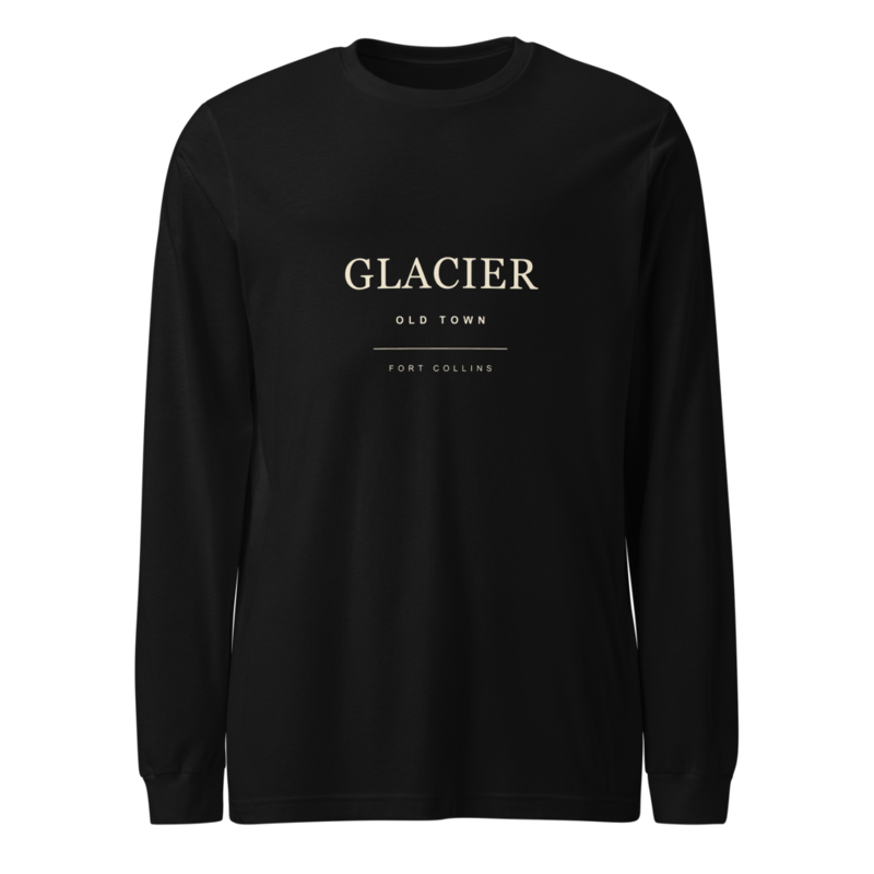 Black long-sleeve tee printed with Glacier's cream parlor serif wordmark