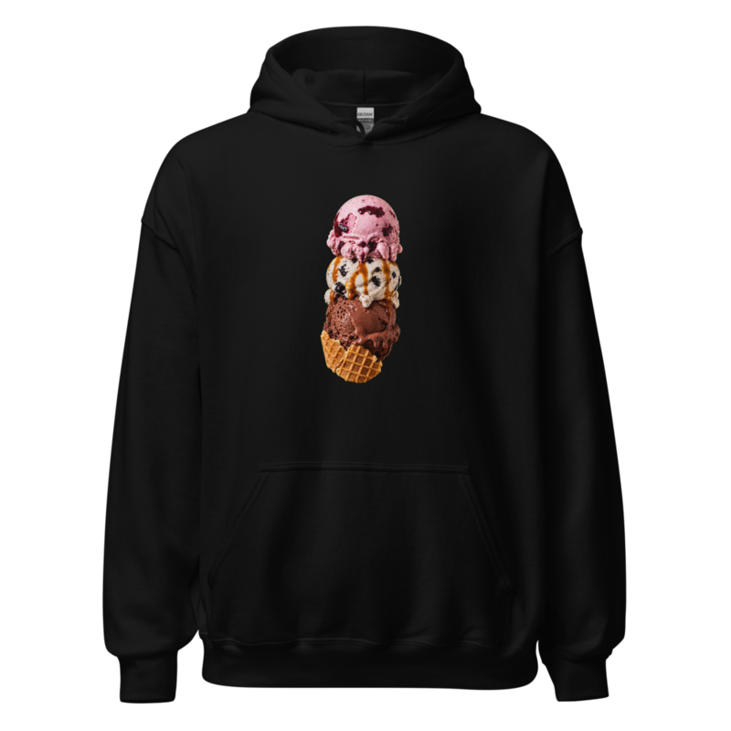 Black hoodie printed with a vertical stack of three ice cream scoops