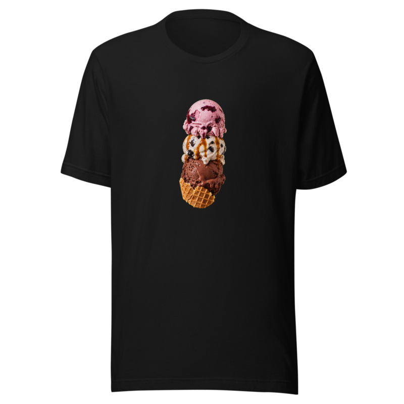 Black tee printed with a vertical stack of strawberry, cookies-and-cream, and chocolate ice cream scoops