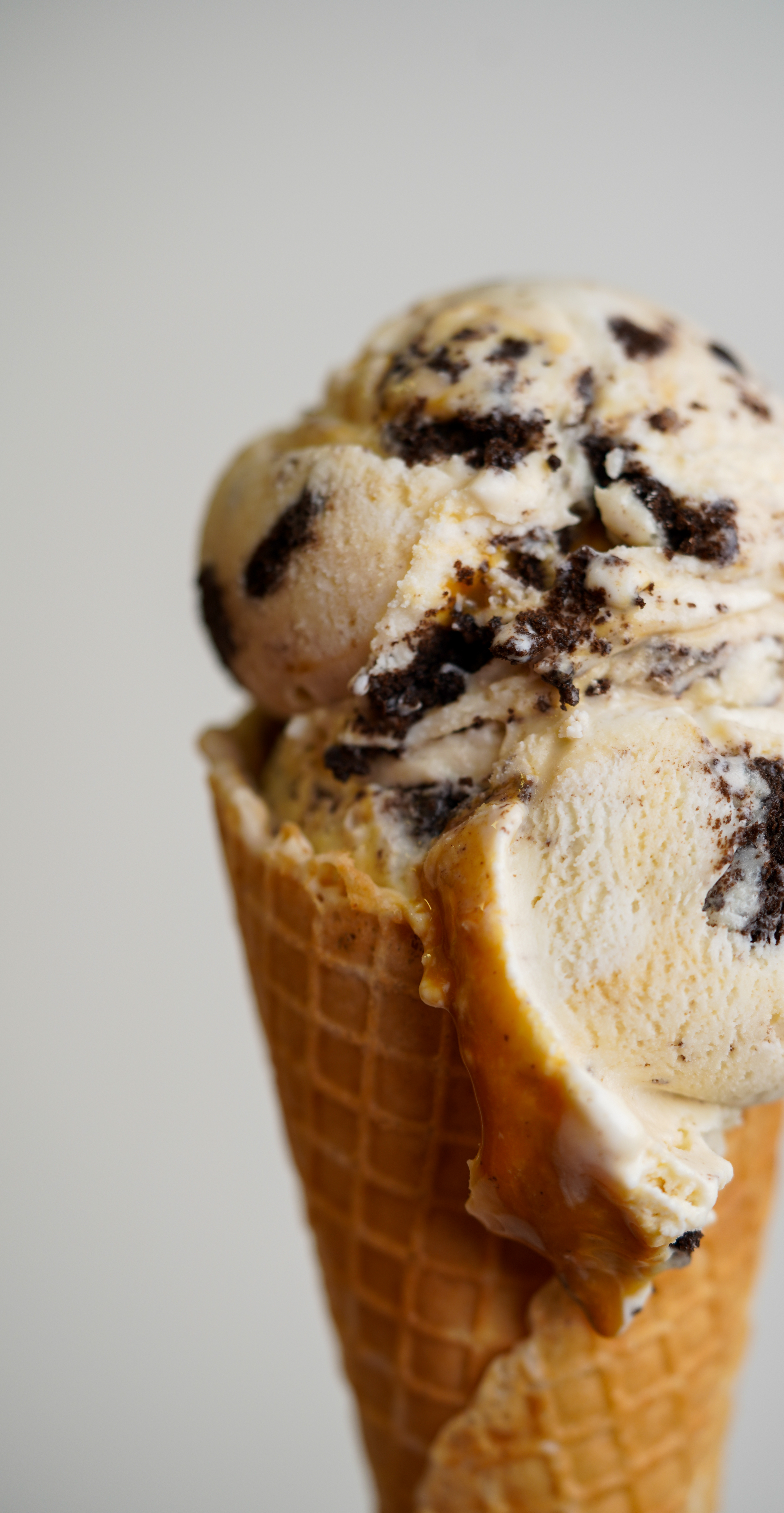 Handcrafted waffle cone with cookies and cream ice cream